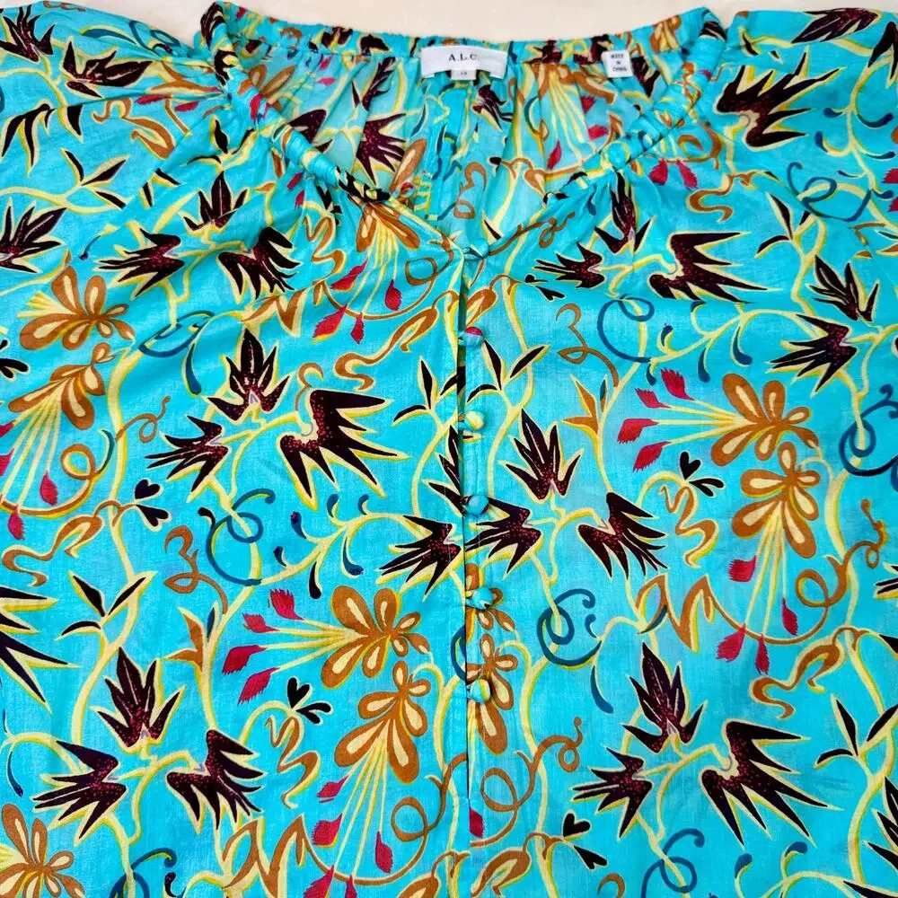 ALC Tropical Cotton Blouse Balloon Sleeve Turquoise 12 Resort Vacation Cruise - Picture 9 of 16